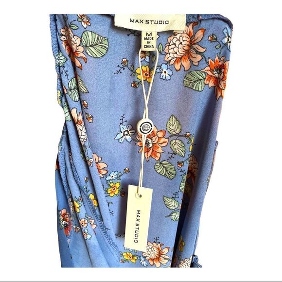 NEW Max Studio Bubble Crepe Side Cinched Skirt Blue Floral Ruffle Wrap Women M - Picture 7 of 9